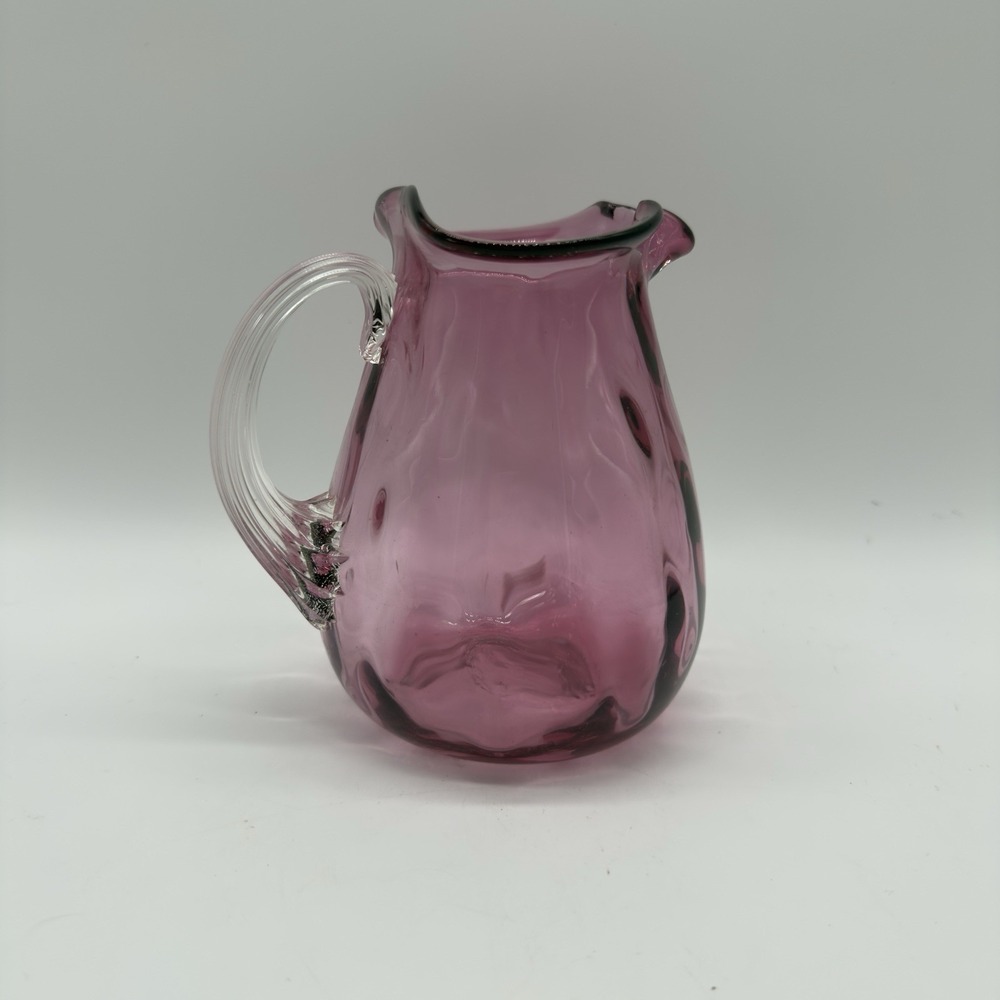 Pilgrim HandBlown Cranberry Vintage Glass Pitcher Optic Pattern & Reeded Handle‎
